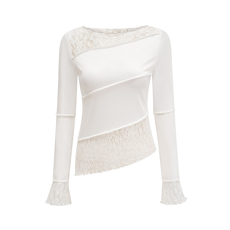 Levoire | T-shirt longue à manches longues en dentelle Slim Fit délicate Éléphant blanc ivoire