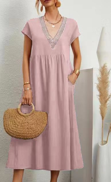 Levoire | Robe À Poches, À Manches Courtes, Ample, Avec Décolleté En V En Coton Et Lin Pêche