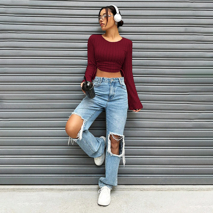 Top à manches longues crop pour femmes avec un tricot côtelé à la mode et un détail à nouer Levoire