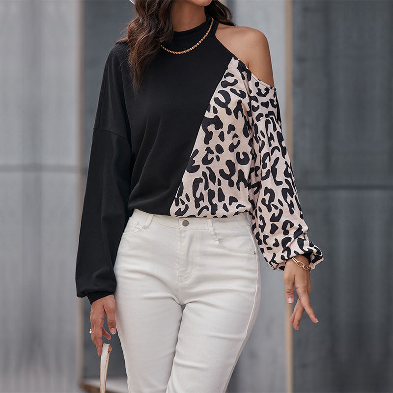 Chemise longue à manches longues pour femmes à motif léopard et inserts asymétriques Levoire