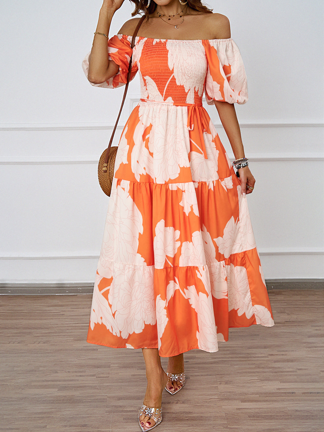 Robe Maxi Femme à Epaule Dégagée avec Manches Volumineuses et Imprimé Levoire