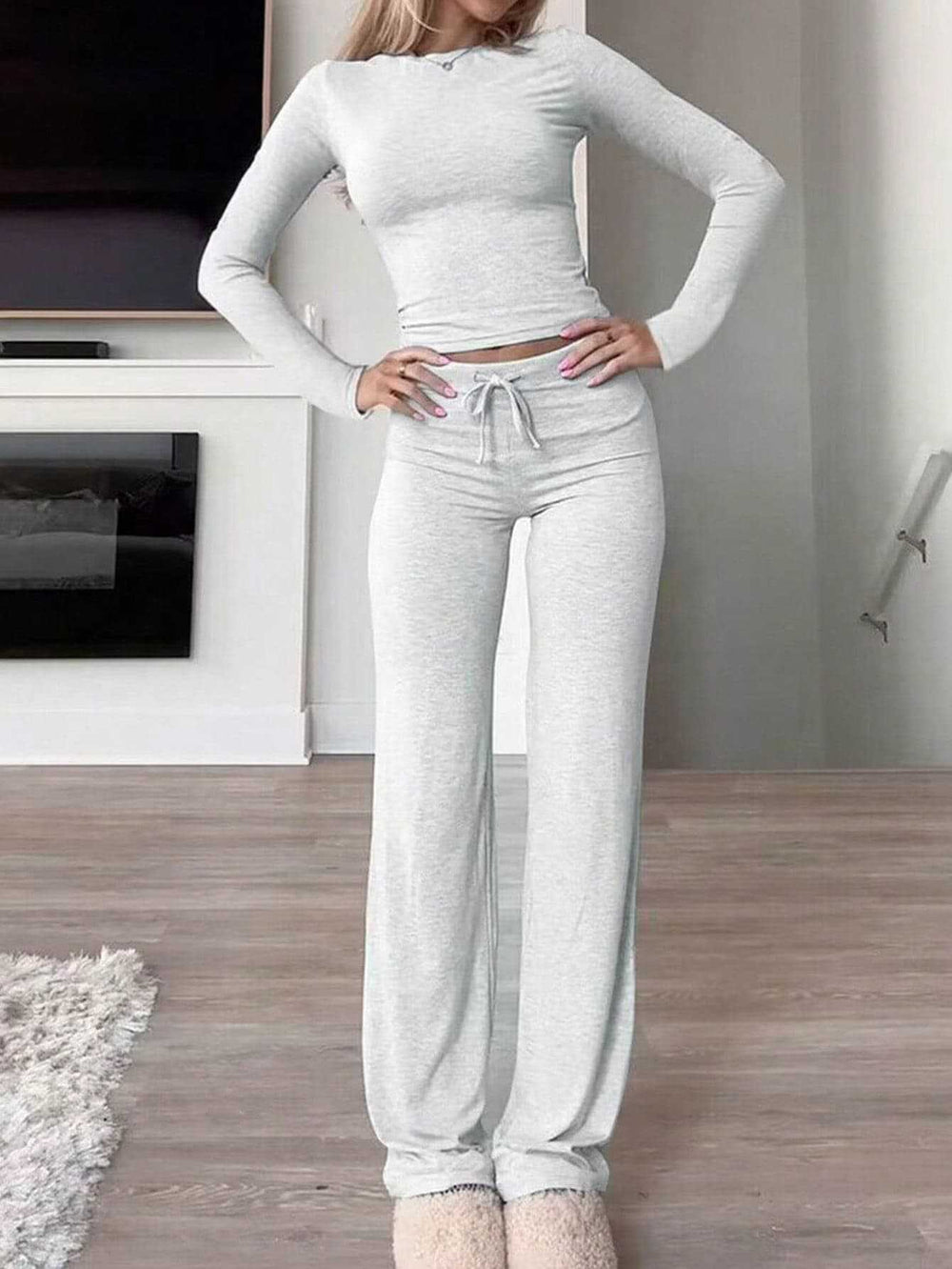Levoire | Confortable Longue manche-Casual-Accessoire de mode-Duo pièce-Set Gris clair