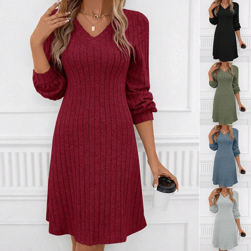 Robe en tricot pour femmes avec décolleté en V et manches bouffantes décontractées Levoire