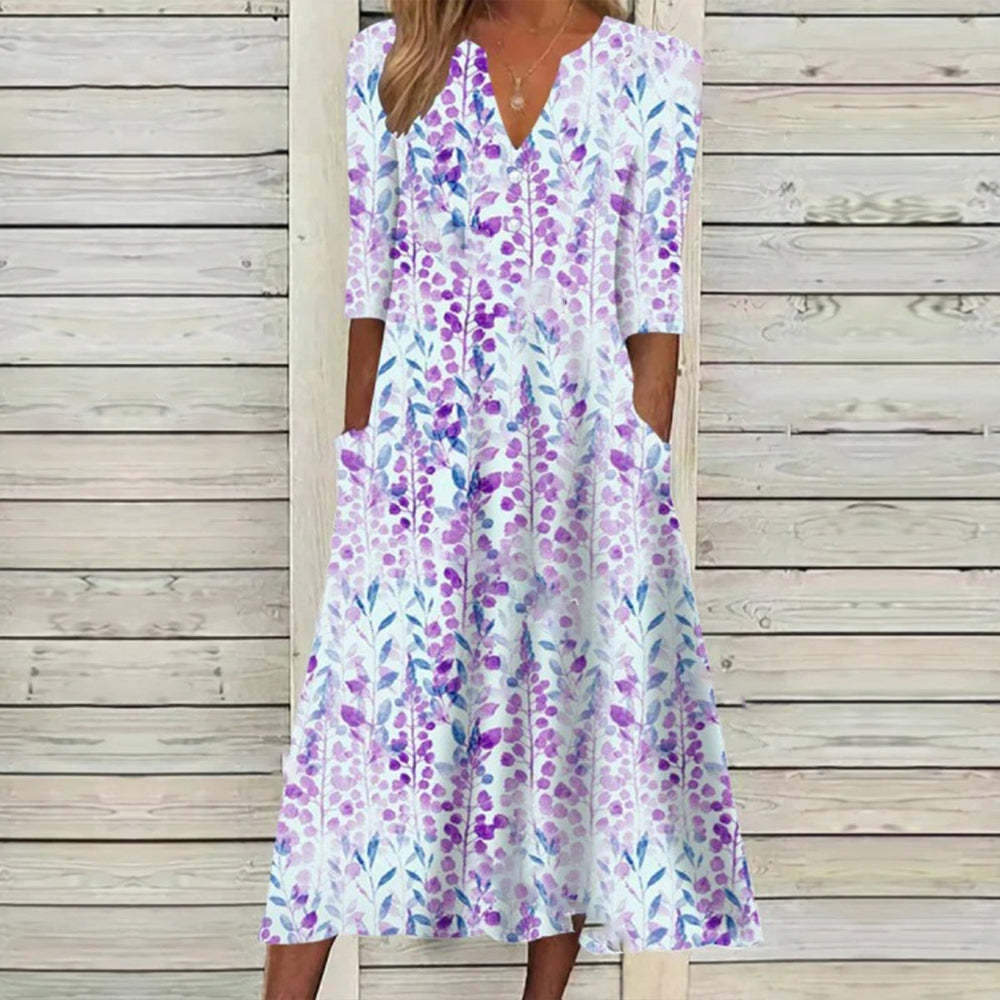 Levoire | Élégant Robe Mi-Longue Boutonnée Imprimée Lila Feuilles