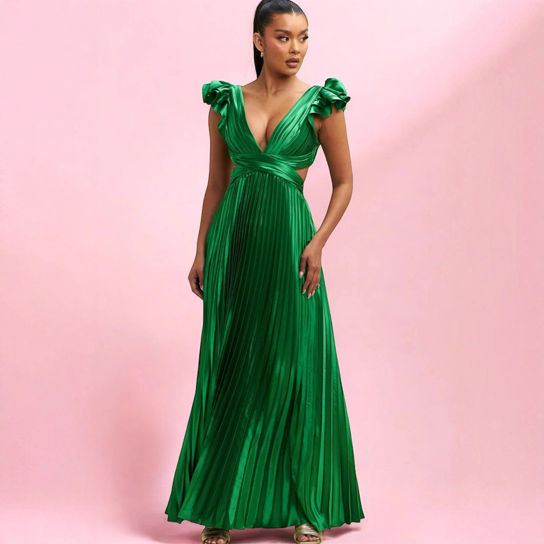 Robe Maxi Élégante Femme avec Décolleté en V Profond et Détails Volants Levoire