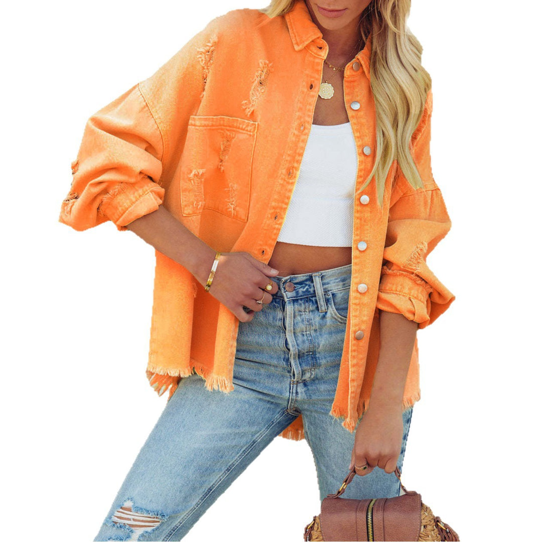 Veste en denim oversized pour femme avec ourlet effiloché et design boutonnable Levoire