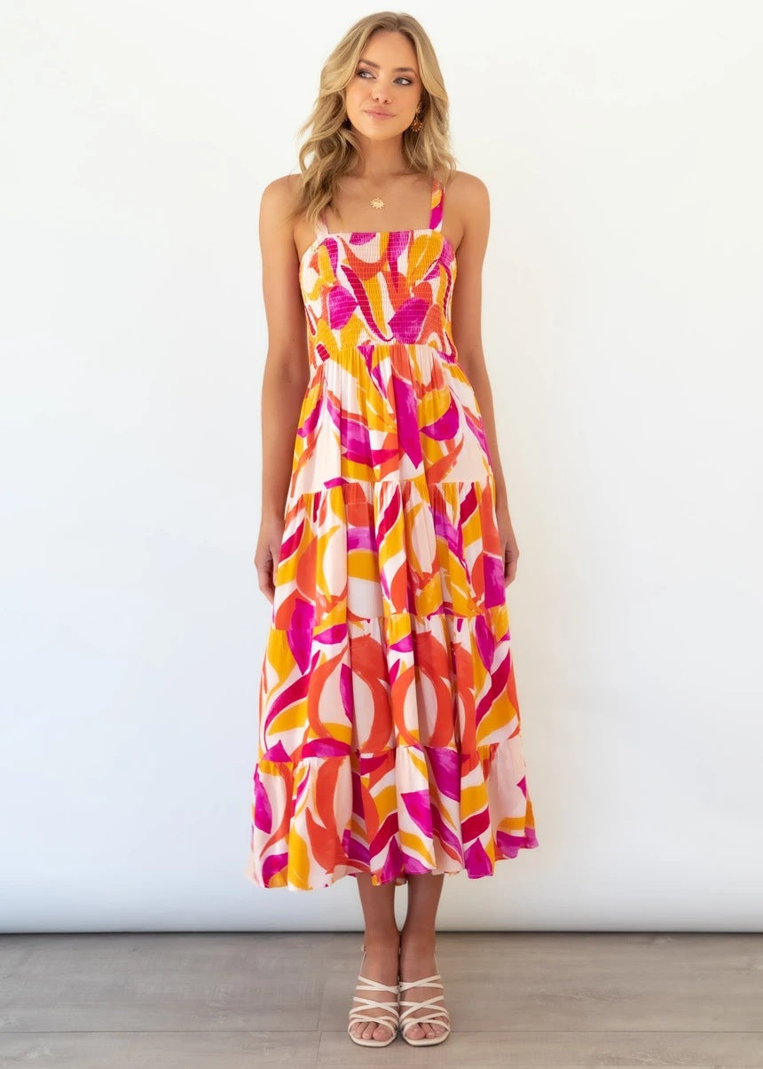 Levoir | Robe longue imprimée sans manches relaxante Magenta Feuilles 1999