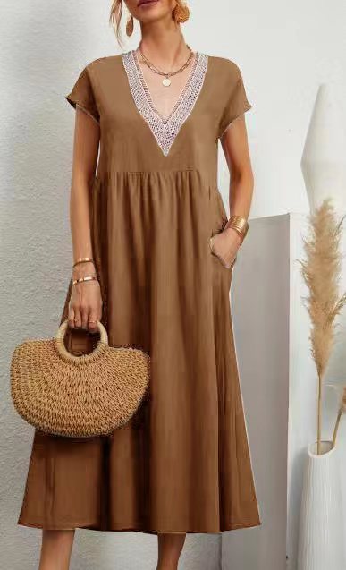 Levoire | Robe À Poches, À Manches Courtes, Ample, Avec Décolleté En V En Coton Et Lin Braun