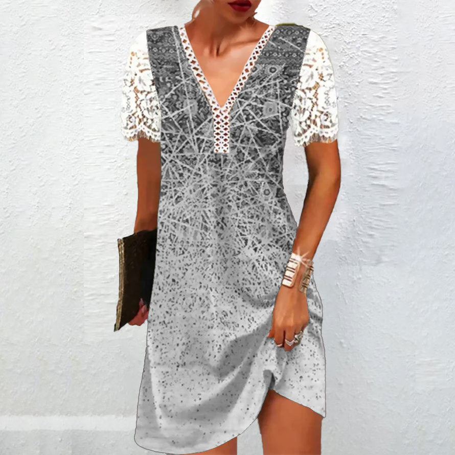 Levoire | Robe à manches longues imprimée V décolleté raffinée 2#Gris