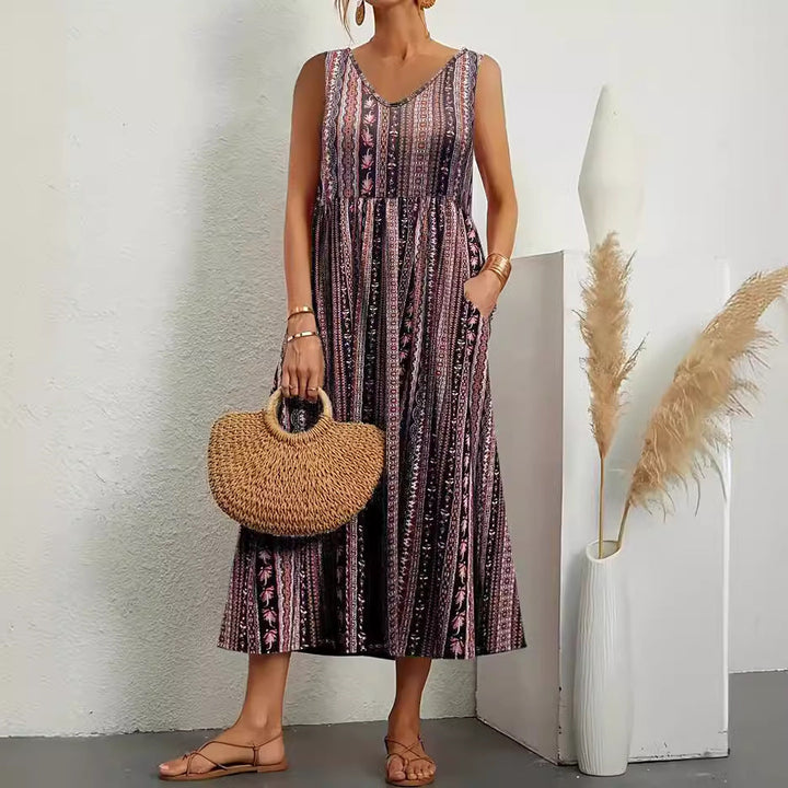 Levoire | Robe d'été imprimée à encolure en V sans bretelles élégante avec poches Marron foncé