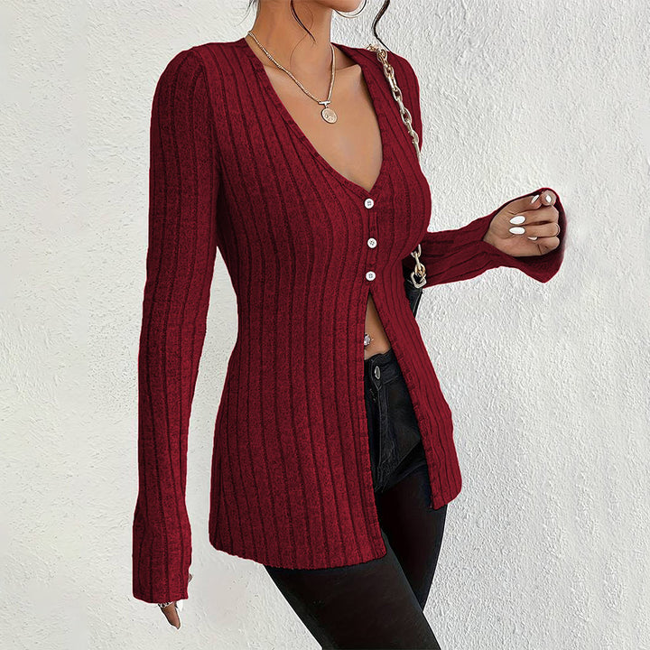 Cardigan long à manches longues pour femmes avec une fine structure en côtes et des détails de boutons élégants Levoire