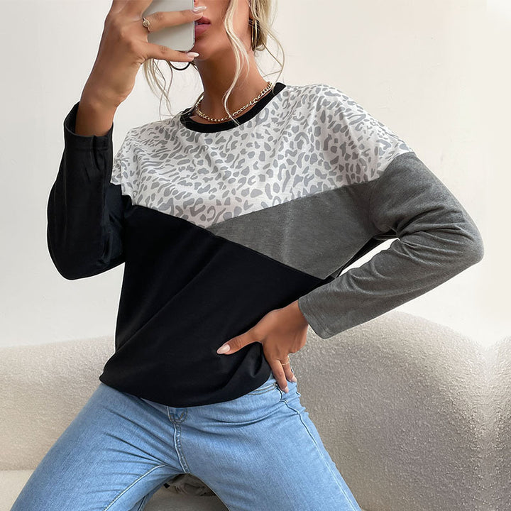 Chemise longue à manches longues pour femmes avec impression léopard créative et rayures en blocs Levoire