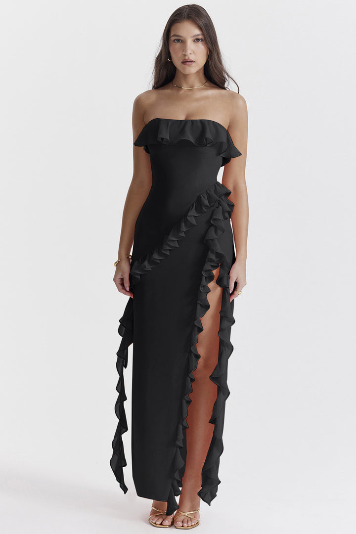 Robe maxi femme à épaules dénudées avec volants et fente Levoire