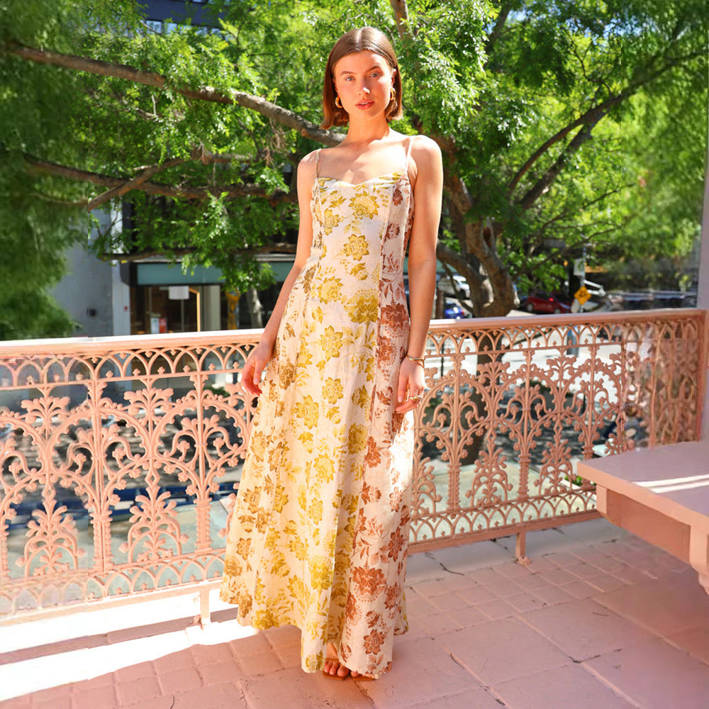 Robe maxi d'été pour femme avec motif floral et fines bretelles spaghetti Levoire