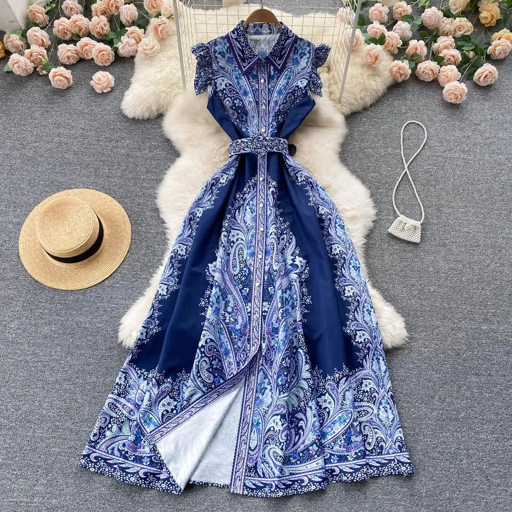 Levoire | Robe rétro femme avec col montant et lacets d'été Bleu