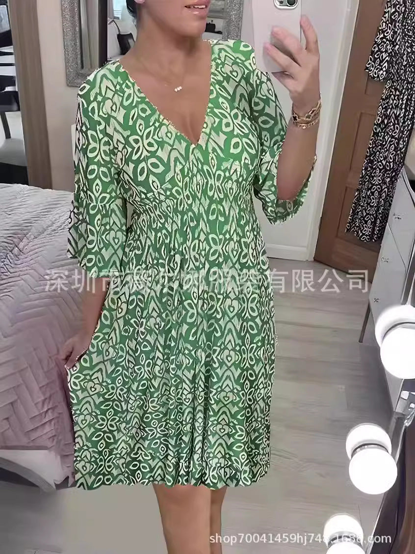 Levoire | Jupe Élastique Grande Taille Fée V-Cou Fleur Jupe Vert