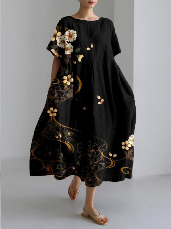 Levoire | Robe longue amusante avec couvre-ventre Noir avec fleur dorée