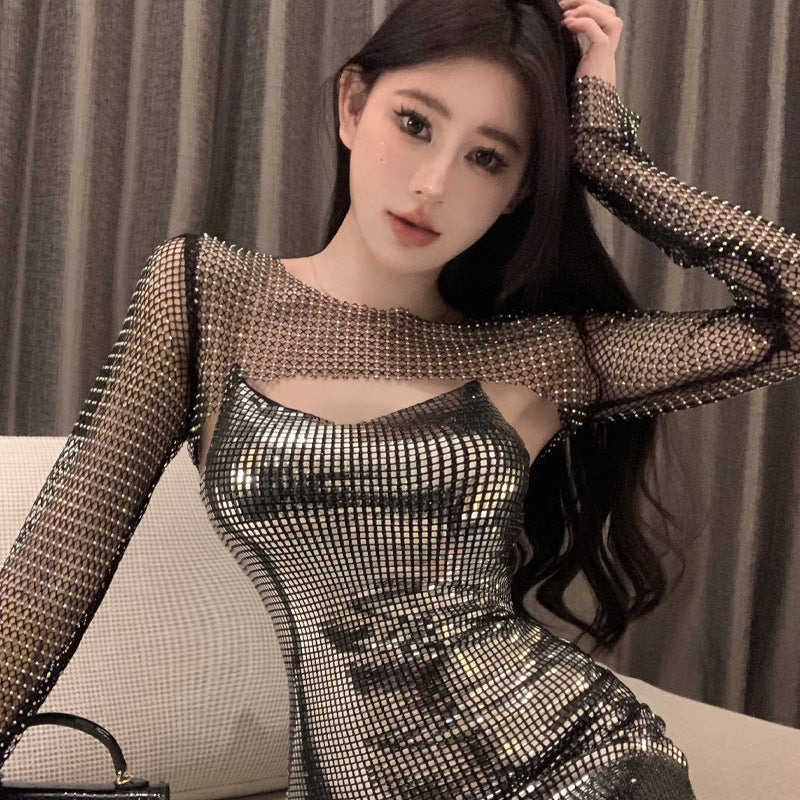 Levoire | Top en strass ensemble de paillettes Jupe à volants en paillettes gilet sans manches Une taille