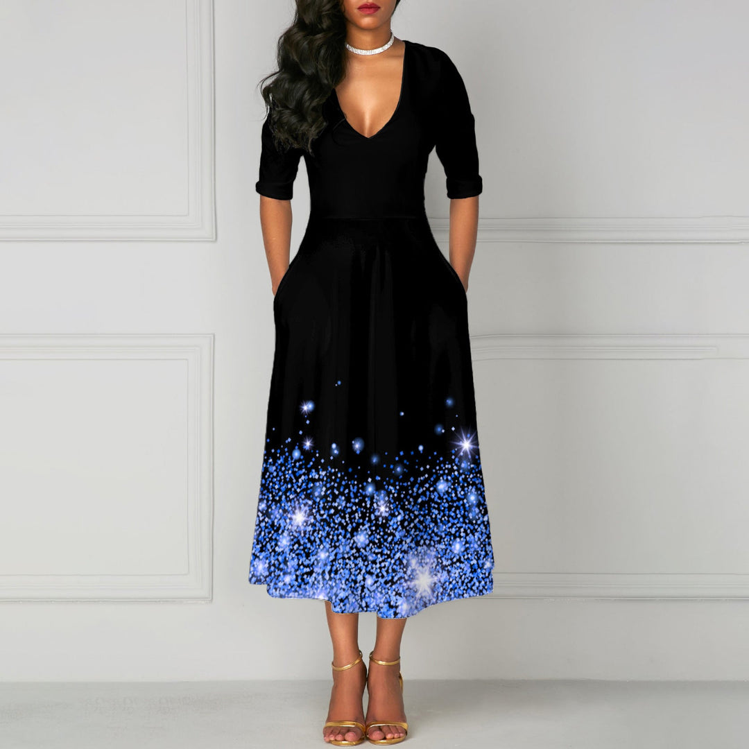 Levoire | Robe à poches à col en V imprimé chic à cinq manches Bleu