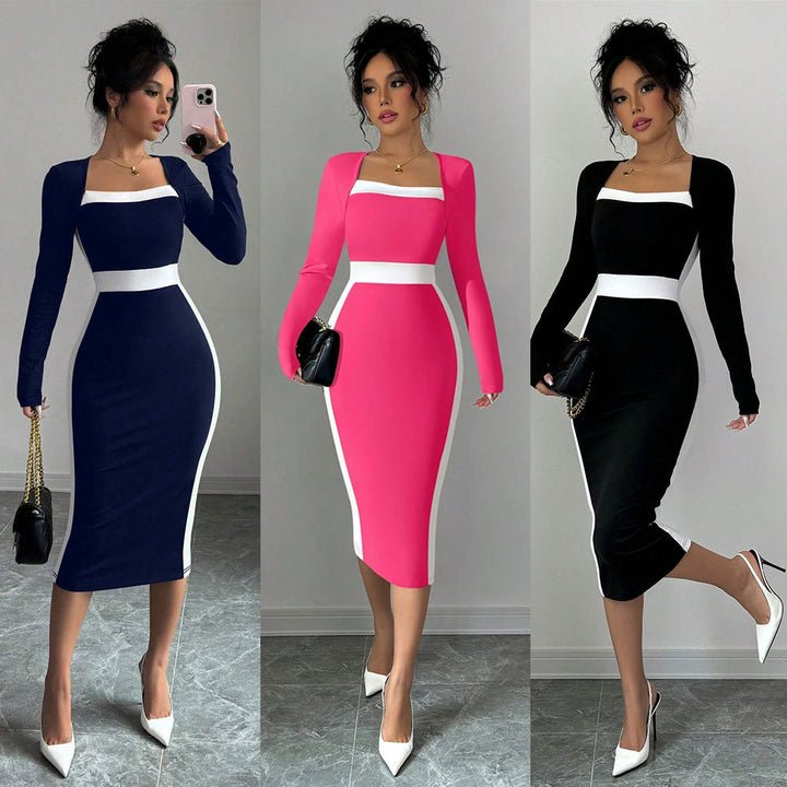 Robe midi ajustée pour femmes avec décolleté carré et accents contrastants Levoire