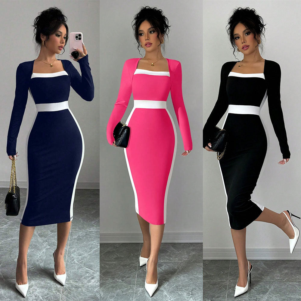 Robe midi ajustée pour femme avec décolleté carré et accents contrastants Levoire