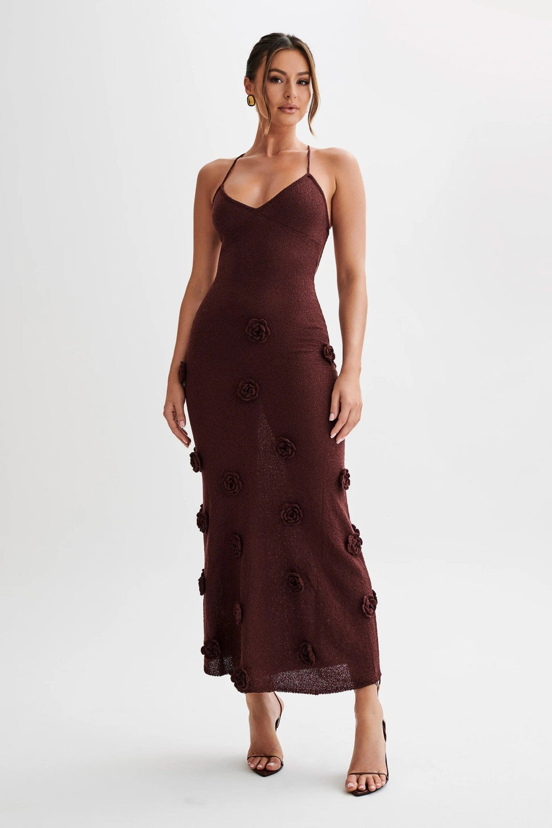 Levoire | Étroite, dos nu, noué Bodycon maxi jupe Couleur café en stock