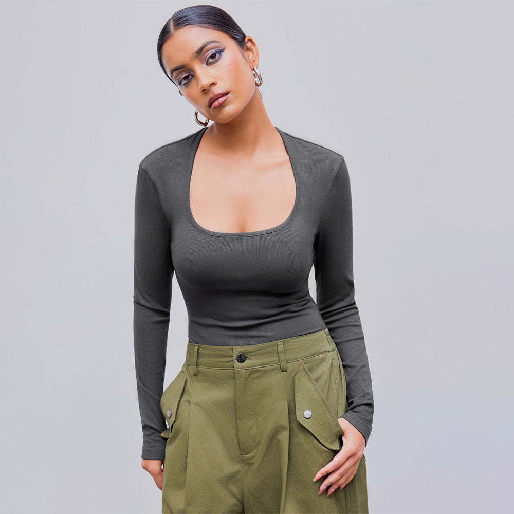 Chemise à manches longues pour femmes avec un décolleté rond profond et une texture côtelée tendance Levoire