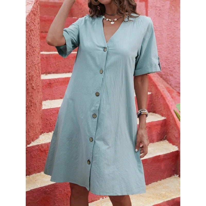 Levoire | Robe A-line à encolure en V à une rangée Bleu clair