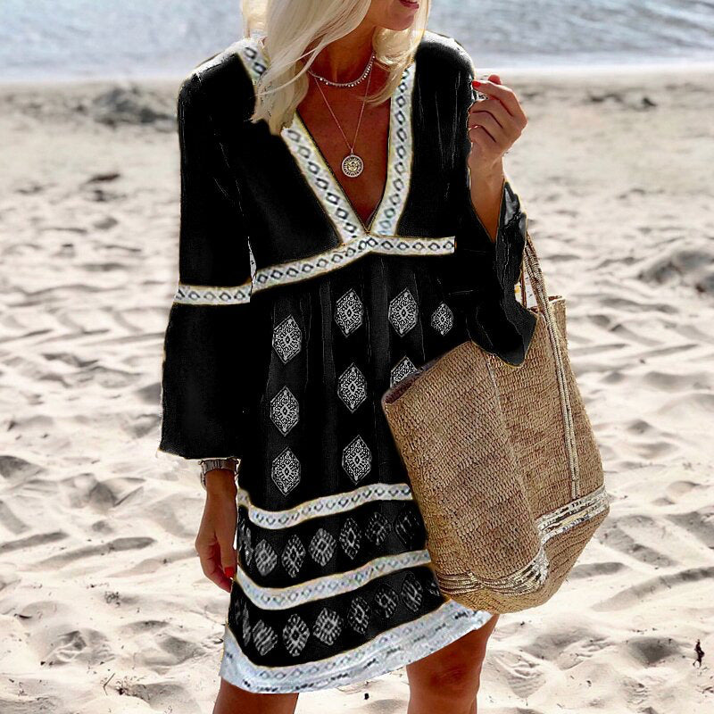 Levoire | Élégante robe midi imprimée à manches longues noir