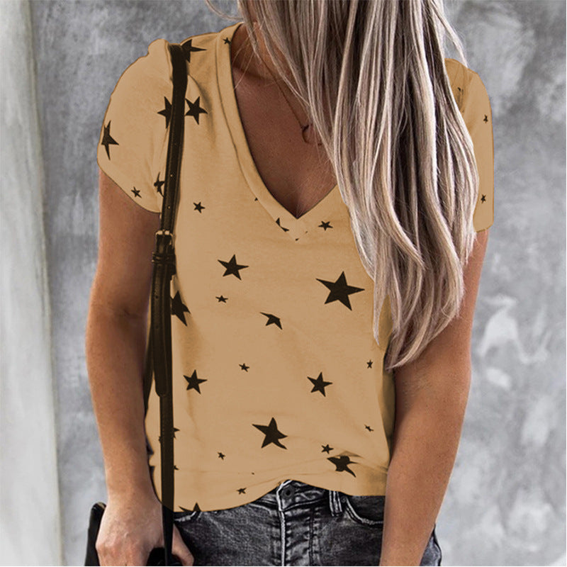 T-shirt femme à col en V avec motif étoile et coupe décontractée Levoire