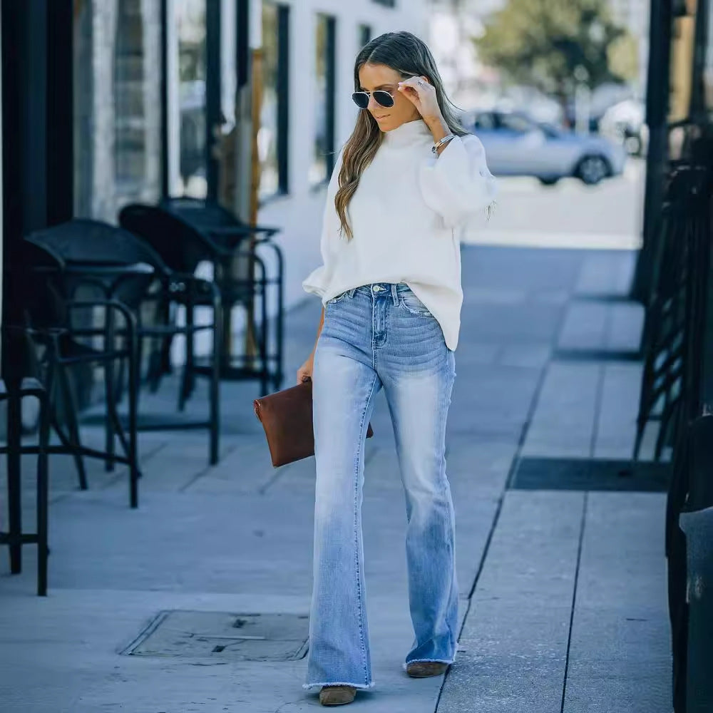 Jeans bootcut à taille haute et à ourlet effiloché pour femmes à coupe large Levoire