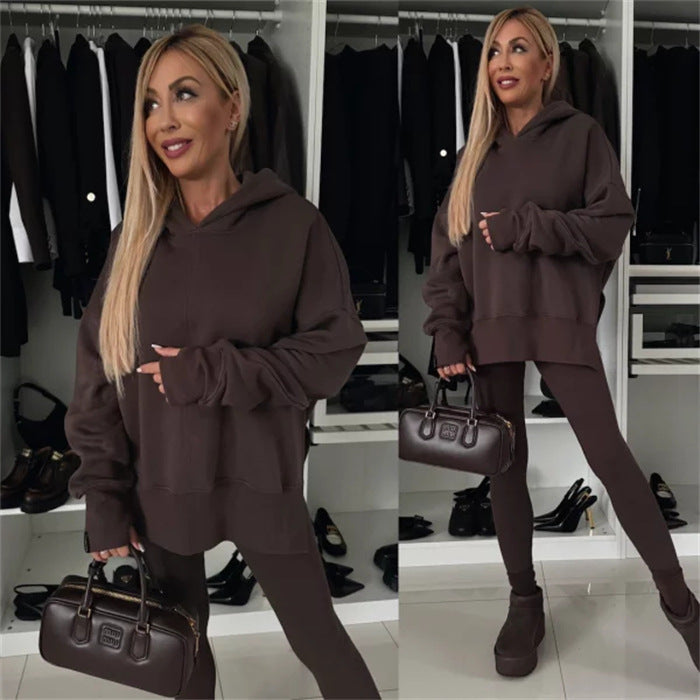 Levoire | Trendikampi uni couleur imprimé hoodie ensemble Braun