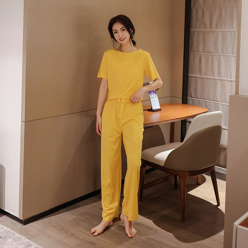 Levoire | Ensemble De Pyjama Deux Pièces Avec T-Shirt À Col Rond Et Pantalon Large En Soie De Glace Jaune Une taille convient à tous