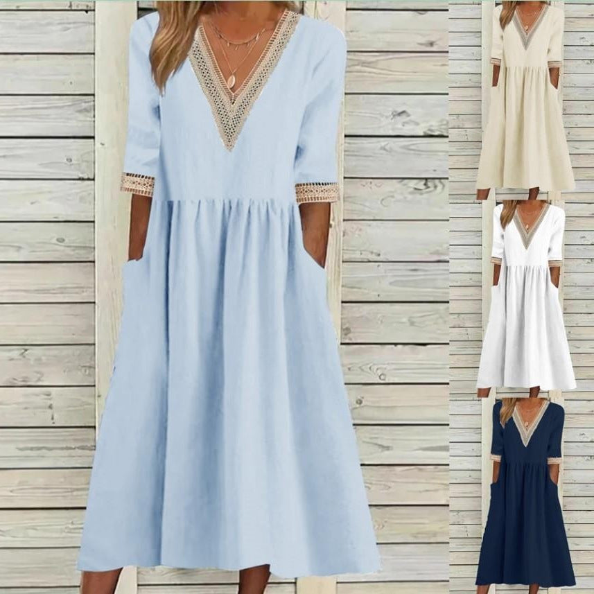 Levoire | Élégante robe mi-longue à col V en dentelle à manches mi-longues