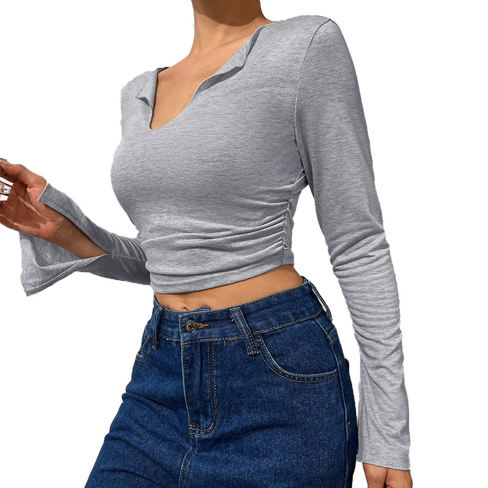 Chemise femme courte à manches longues avec des manches en trompette à la mode et un élégant col en V Levoire
