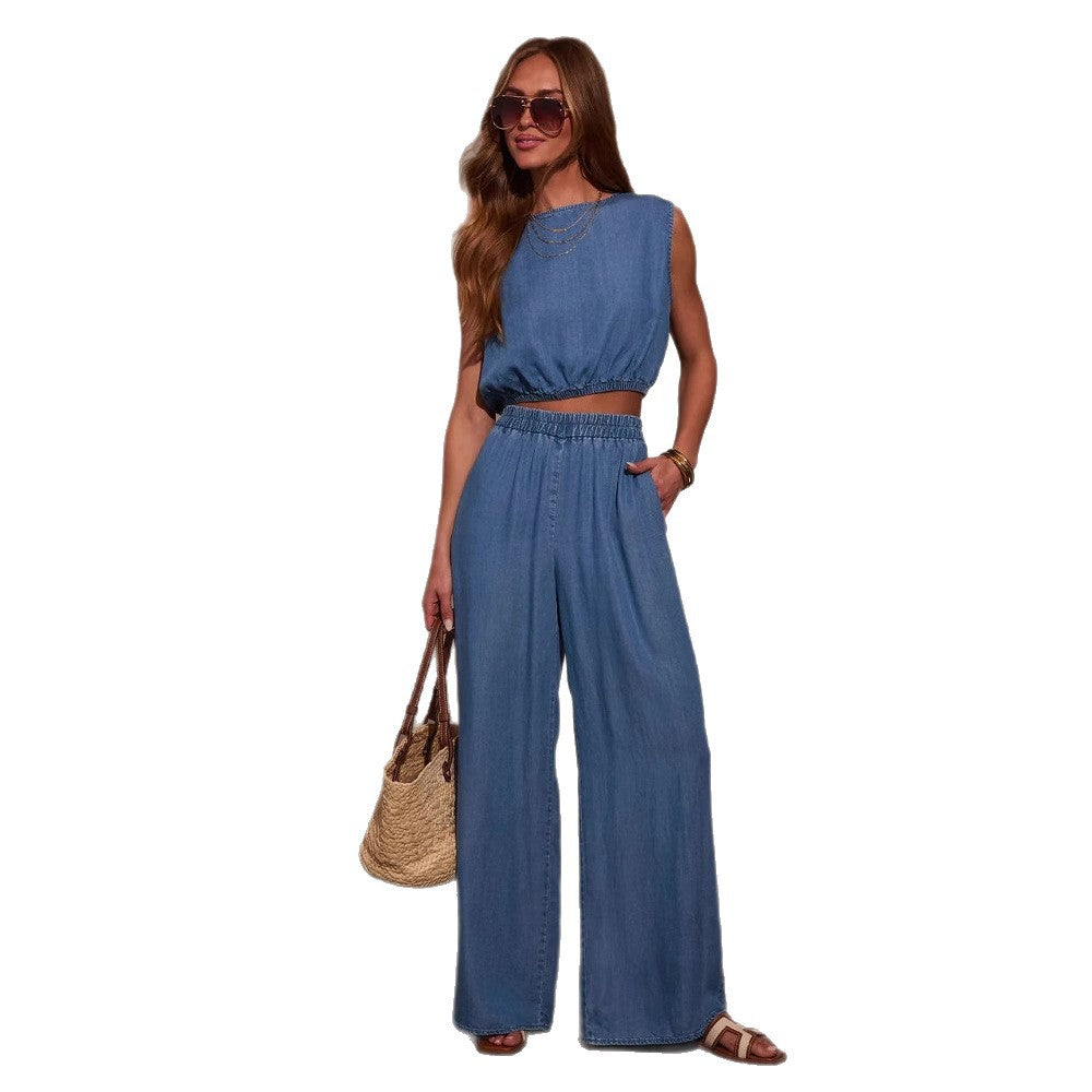 Ensemble décontracté en denim pour femme avec top court et pantalon large Levoire