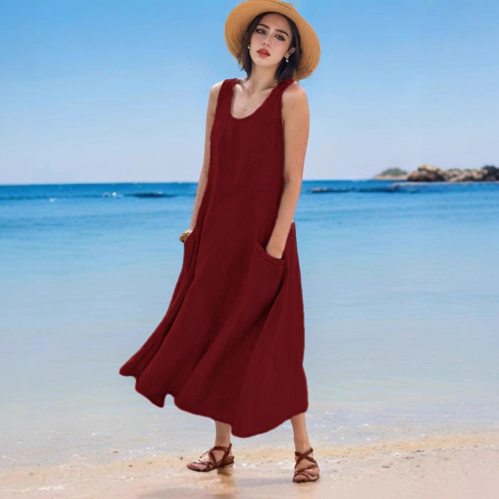 Levoire | Robe en lin Sac d'été Sans manches Col rond Robe Rouge vin