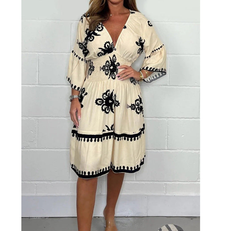 Levoire | Robe Fleur Été Fleur Trois-quarts Manches Robe Éléphant blanc ivoire