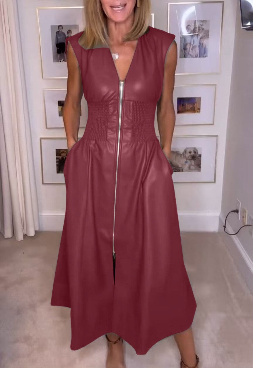 Levoire | Robe en cuir PU sans manches avec fermeture éclair Rouge vin