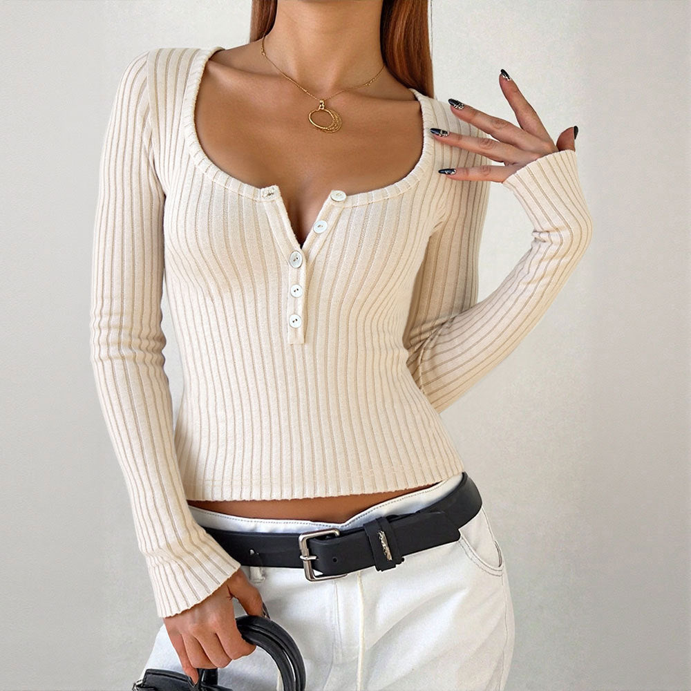 Chemise à manches longues pour femmes avec décolleté en V profond et détails de boutons Levoire