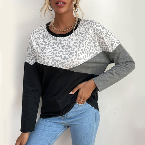 Chemise longue à manches longues pour femmes avec impression léopard créative et rayures en blocs Levoire