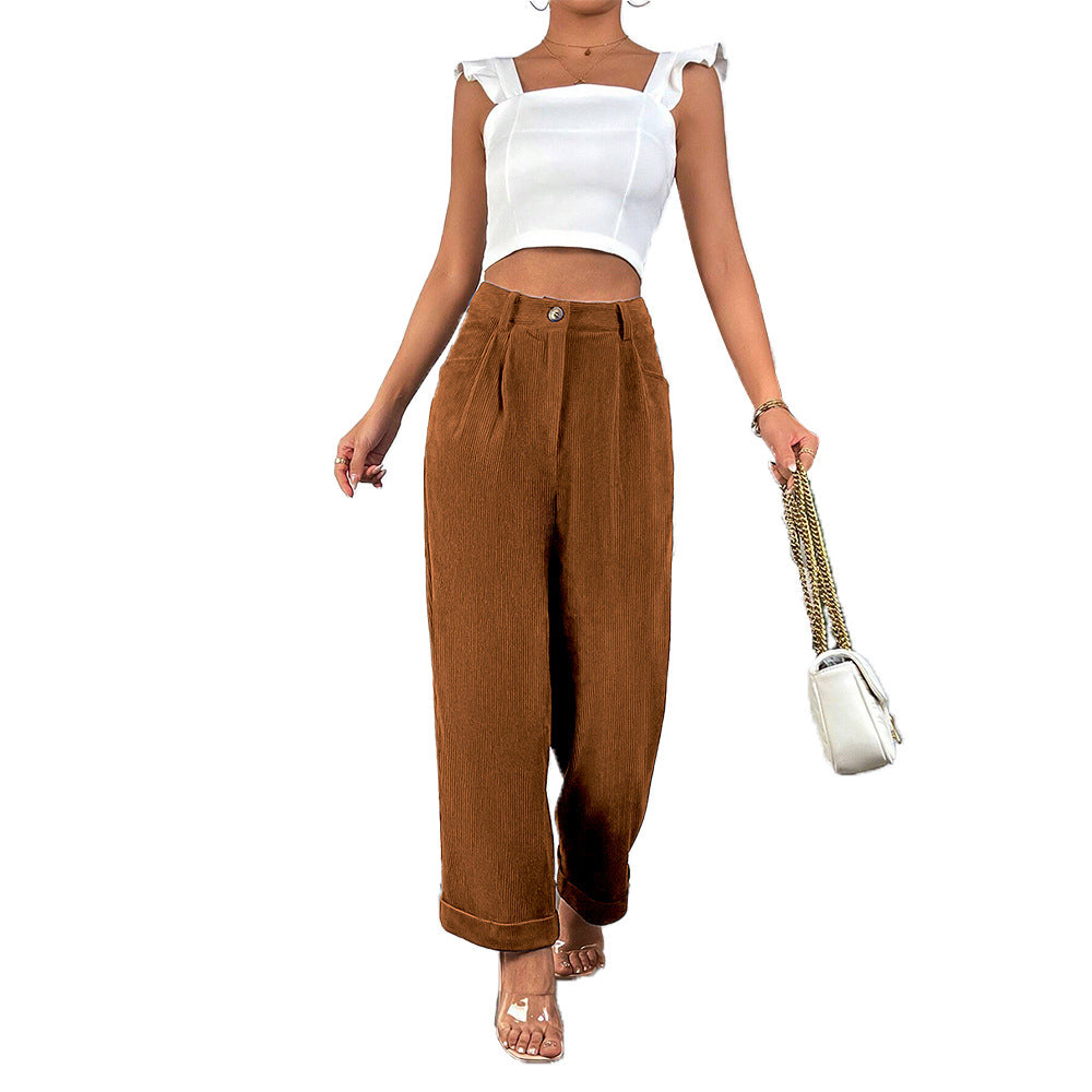 Pantalons en velours côtelé larges pour femmes avec taille mi-haute et plis élégants Levoire