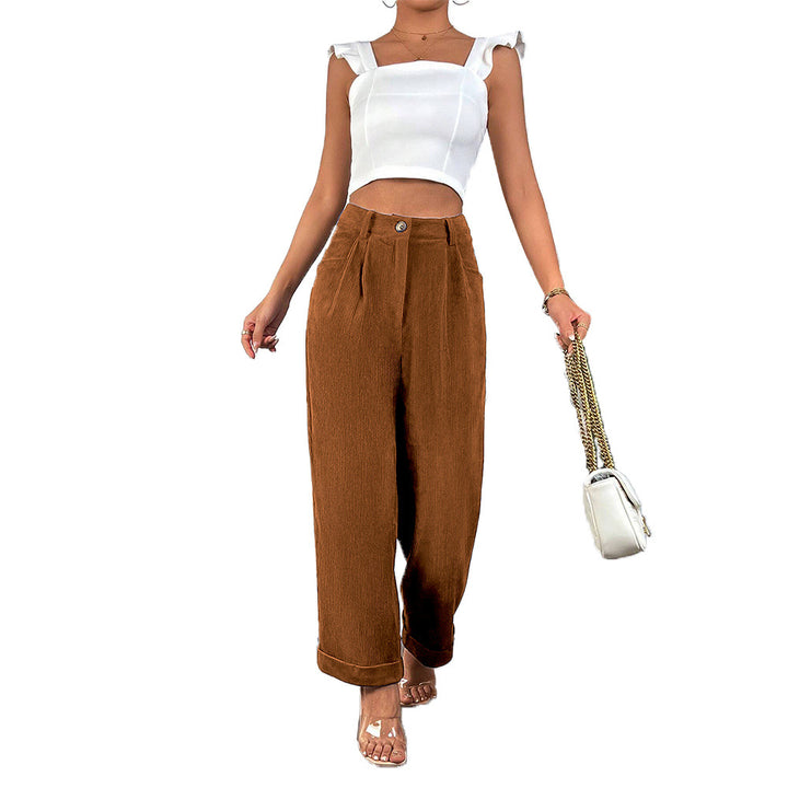 Pantalons en velours côtelé larges pour femmes avec taille mi-haute et plis élégants Levoire