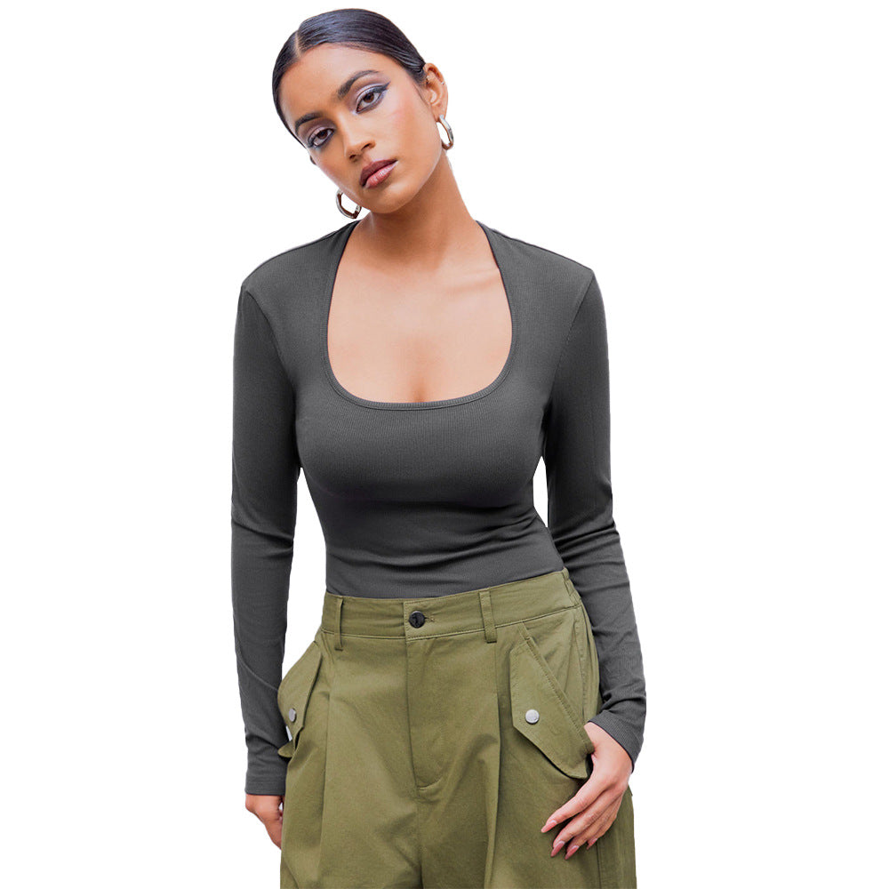Chemise à manches longues pour femmes avec un décolleté rond profond et une texture côtelée tendance Levoire