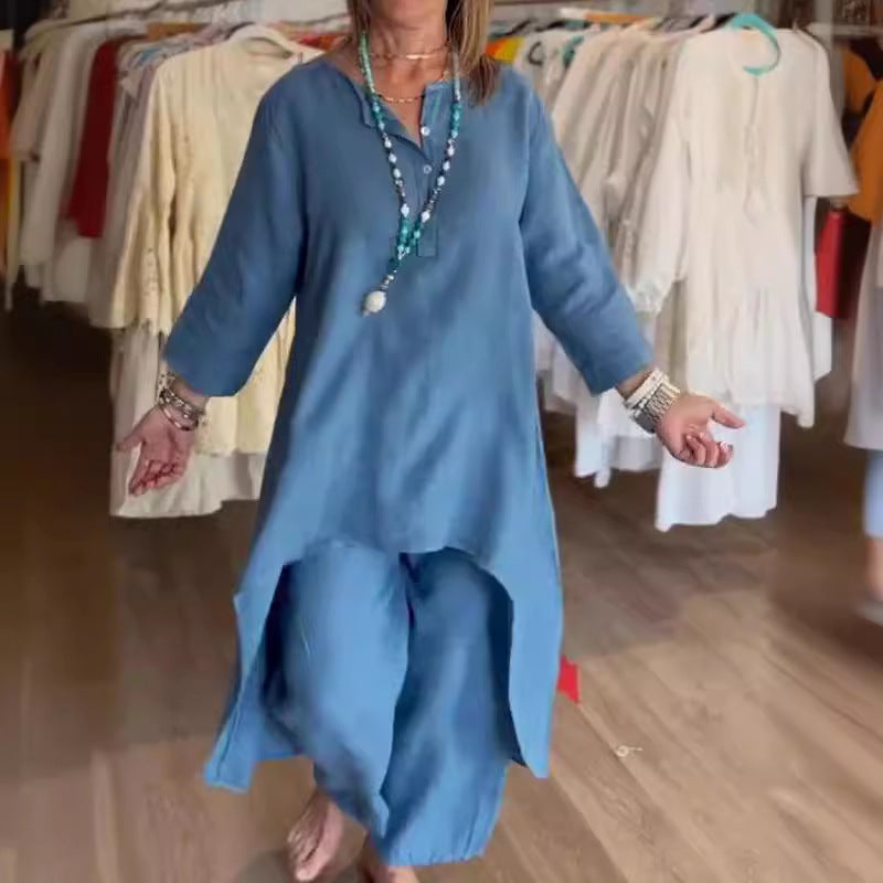 Levoire | Ensemble De Loisirs Unicolore En Lin Pour Femmes Bleu-Gris