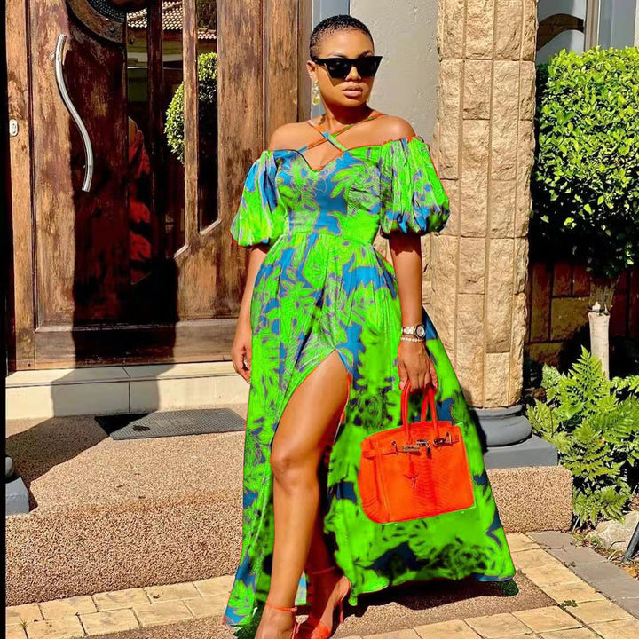 Levoire | Élégant Halter-decolleté Maxi-Robe à Manches Off-Shoulder V Vert
