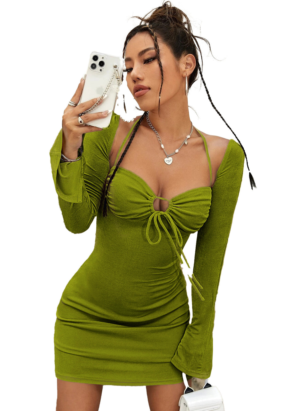 Robe mini ajustée pour femmes avec décolleté en V ajustable et manches longues Levoire