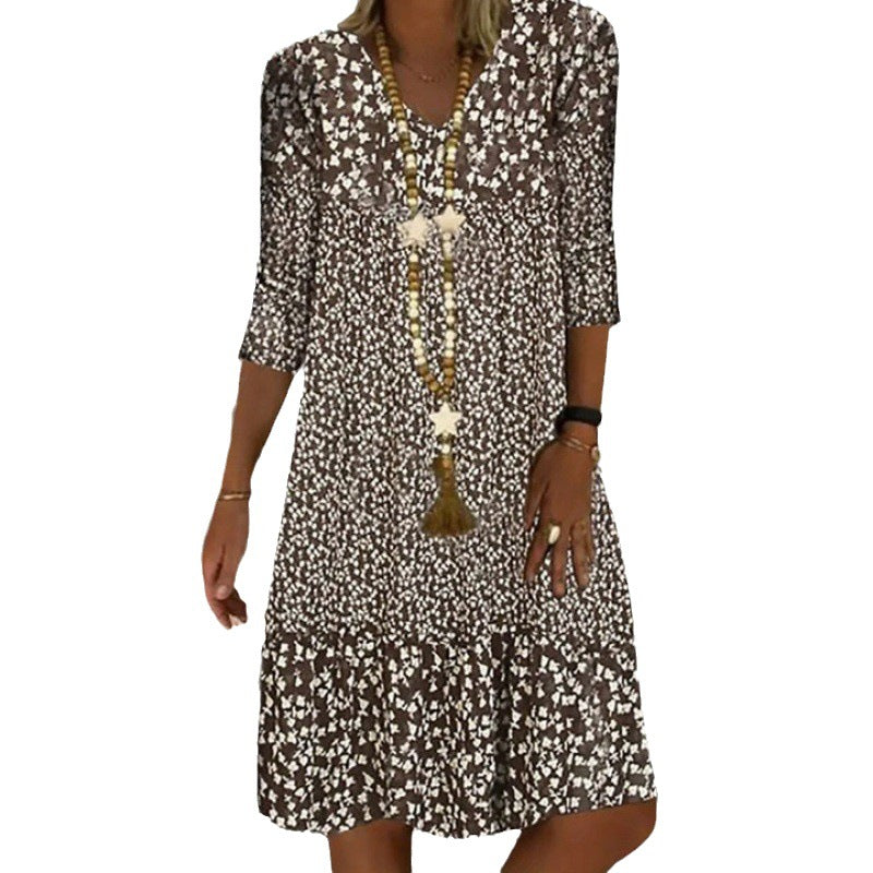 Levoire | Robe midi à col en V avec manches trois quarts à imprimé élégant