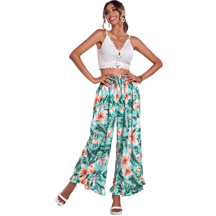 Pantalons de plage larges pour femmes avec motif floral et taille élastique Levoire