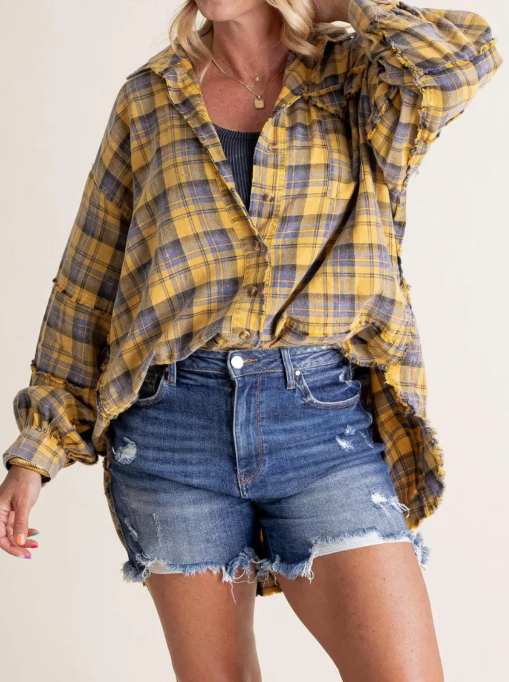 Veste chemise surdimensionnée décontractée pour femmes avec motif à carreaux Levoire